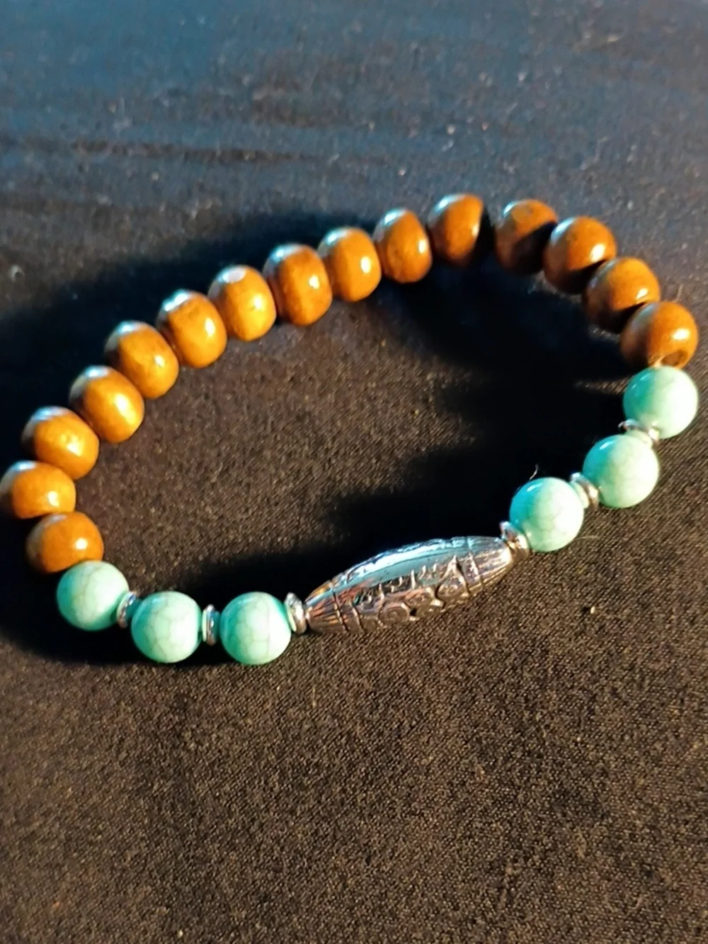 Turquoise & Brown Beaded Stretch Bracelet with Silver Accent